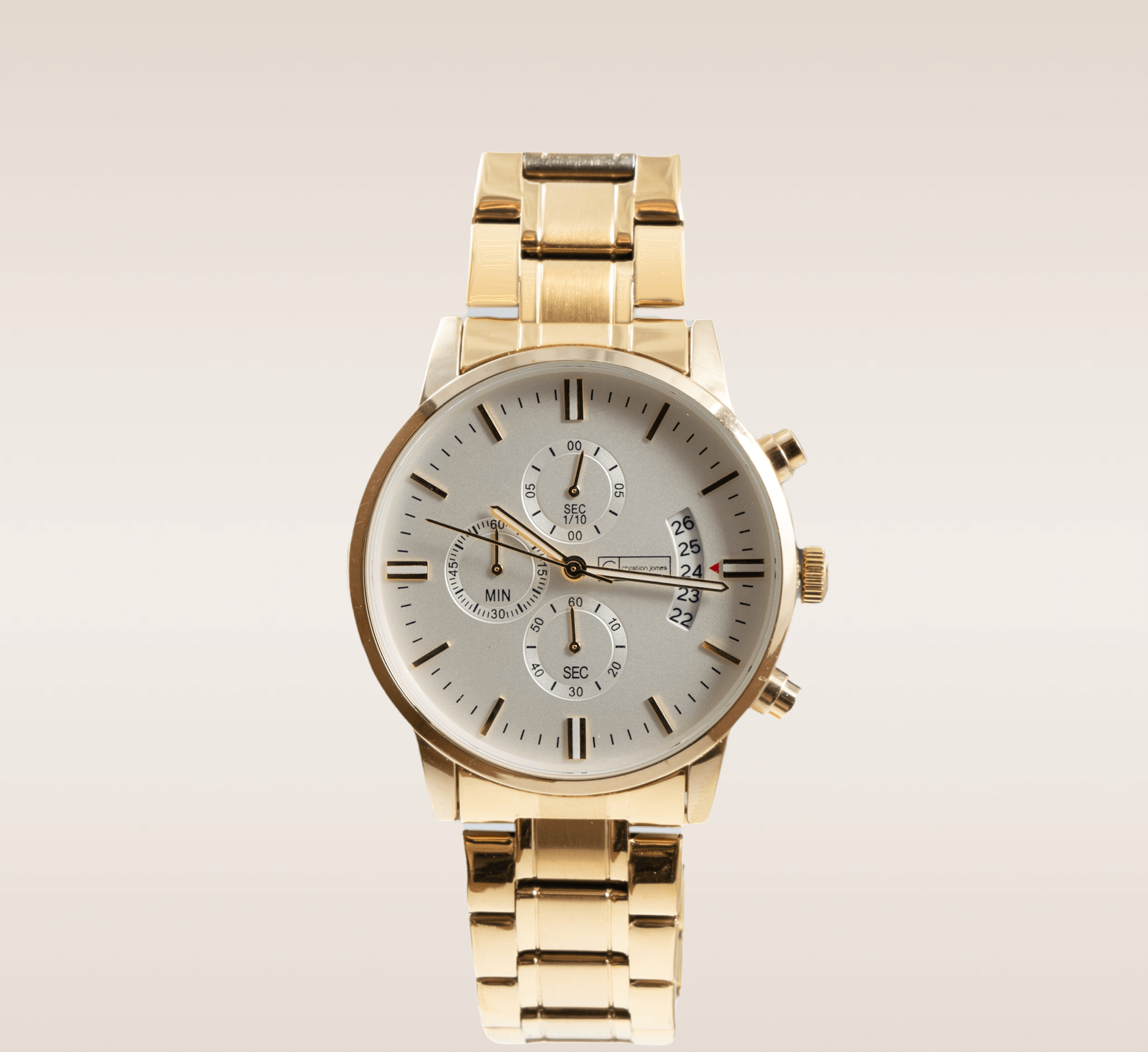 In this up-close shot, we are presented with the captivating Heaven on Earth Timepiece, a symbol of elegance and precision. The watch features a stunning gold link bracelet that wraps around the wrist, exuding a sense of luxury and sophistication. The cream watch face provides a striking contrast against the gold, creating a bold and timeless aesthetic. 