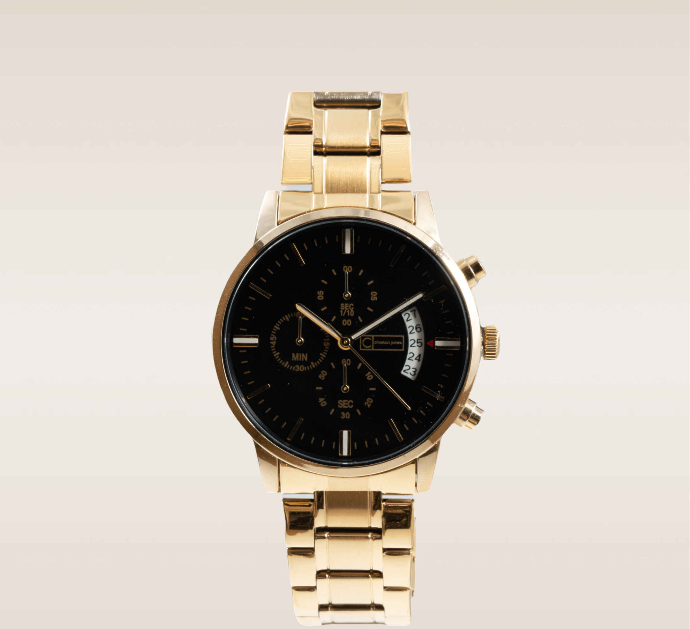 In this up-close shot, we are presented with the captivating Trident Timepiece, a symbol of elegance and precision. The watch features a stunning gold link bracelet that wraps around the wrist, exuding a sense of luxury and sophistication. The deep black watch face provides a striking contrast against the gold, creating a bold and timeless aesthetic. The face is carefully designed with clear and legible markers, allowing for easy time reading. The sleek golden watch hands glide effortlessly across the face, marking the passage of time with grace. 