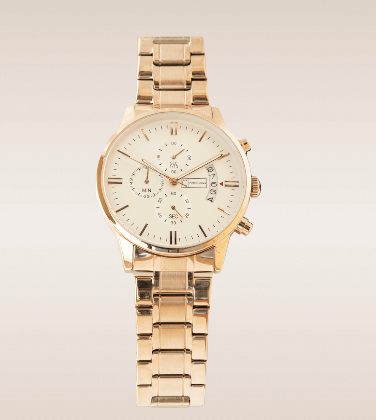 In this up-close shot, we are presented with the captivating Aphrodite Timepiece, an exquisite blend of elegance and luxury. The watch features a cream-colored watch face that exudes a sense of refined sophistication. The face is encased in shimmering gold, adding a touch of opulence and timeless beauty. The watch hands, also in gold, move gracefully across the face, marking the passage of time with precision. 